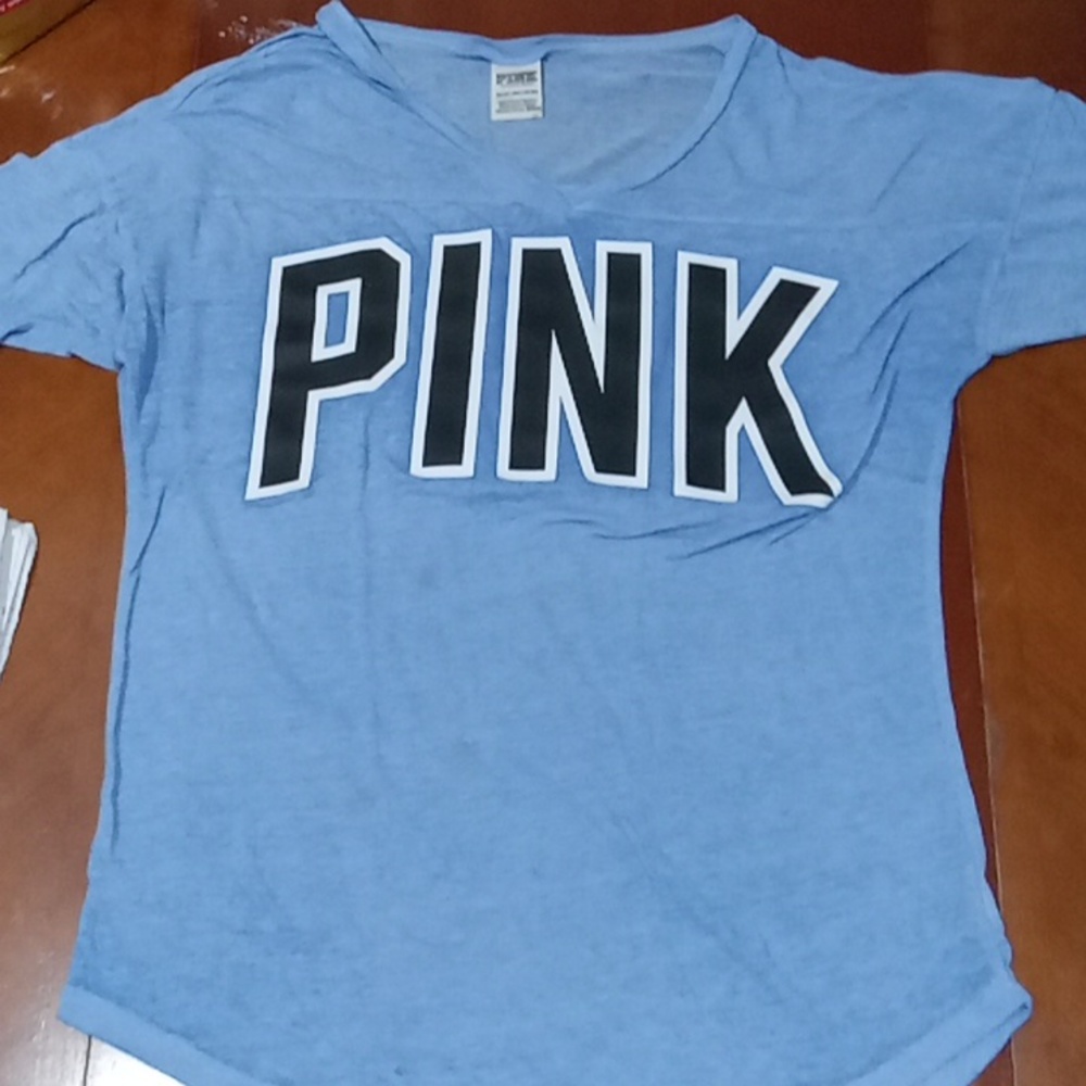 Pink Victoria's Secret Blue Slouchy V-Neck Outline T-Shirt (XS)
